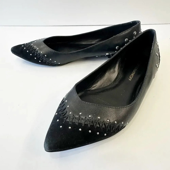 REBECCA MINKOFF Black Suede Studded Stitched Pointy Toe Flats Size 8.5 - Picture 1 of 8